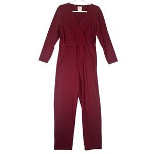 For Days Organic Cotton Long Sleeve Wrap Jumpsuit Sz L Merlot Wine Lounge Eco